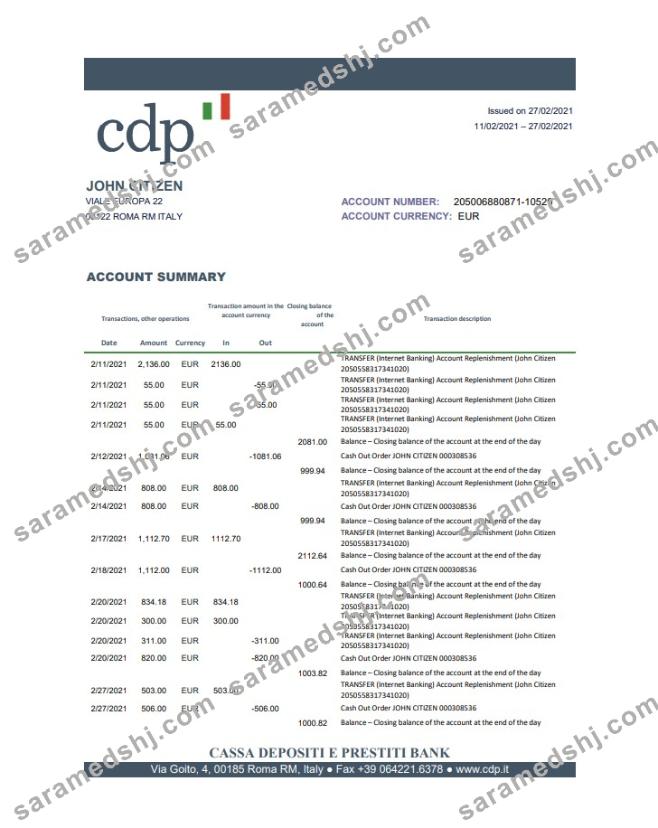 Italy Cassa Depositi e Prestiti bank statement easy to fill template in .xls and .pdf file format